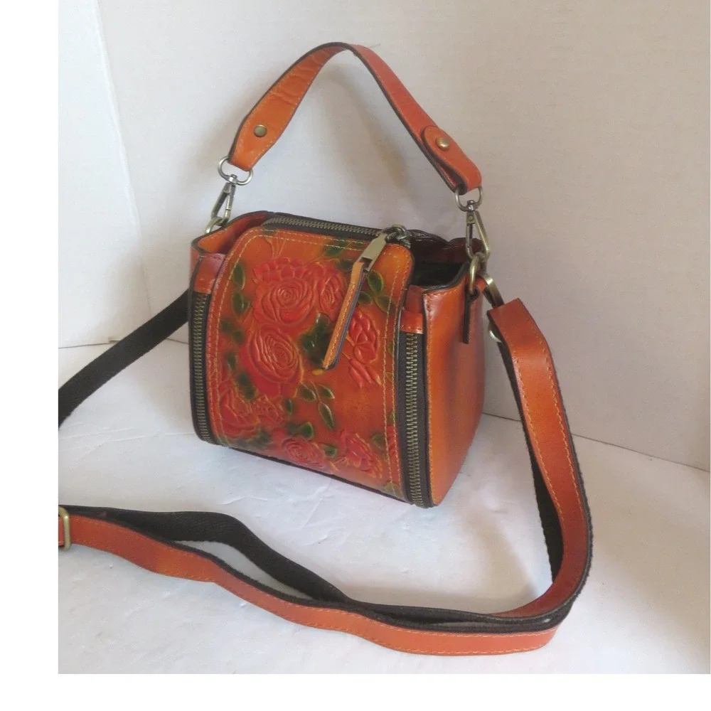 Vintage Style Orange Embossed‎ Floral Rose PU Leather Crossbody Handbag Purse